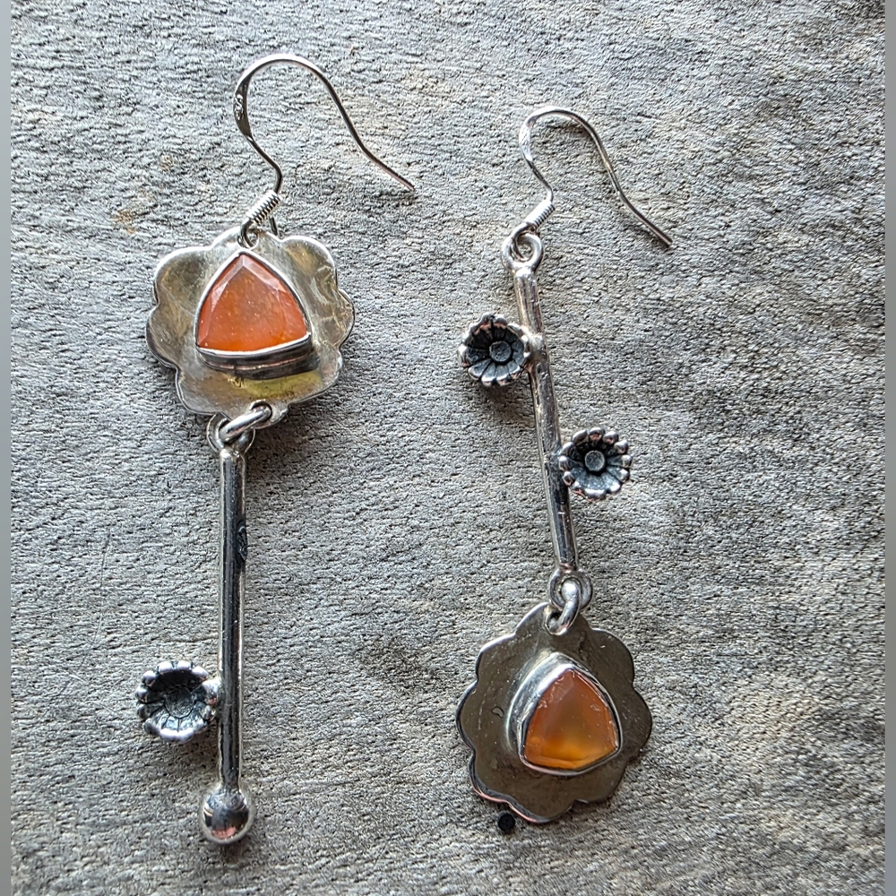 Carnelian and 925 Sterling Silver Modern Flower Earrings (2.3")